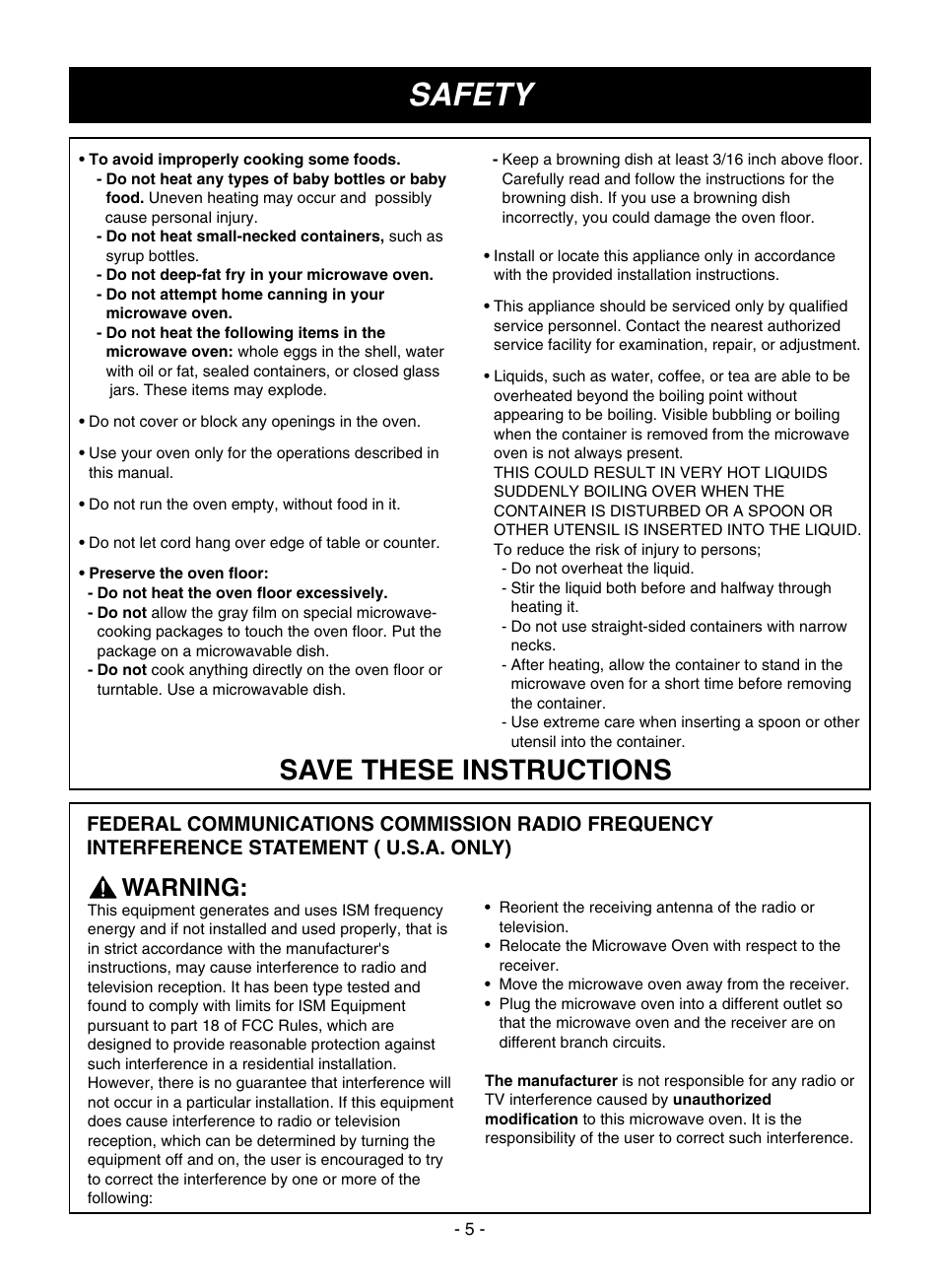 Safety, Save these instructions, Warning | LG LMVM1945SW User Manual | Page 5 / 36