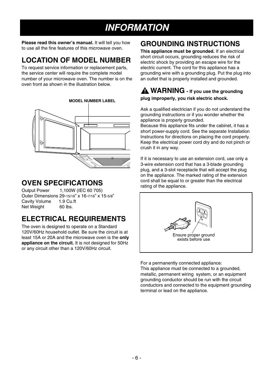 Information, Location of model number, Oven specifications | Electrical requirements, Grounding instructions, Warning | LG LMVM1945SW User Manual | Page 6 / 36