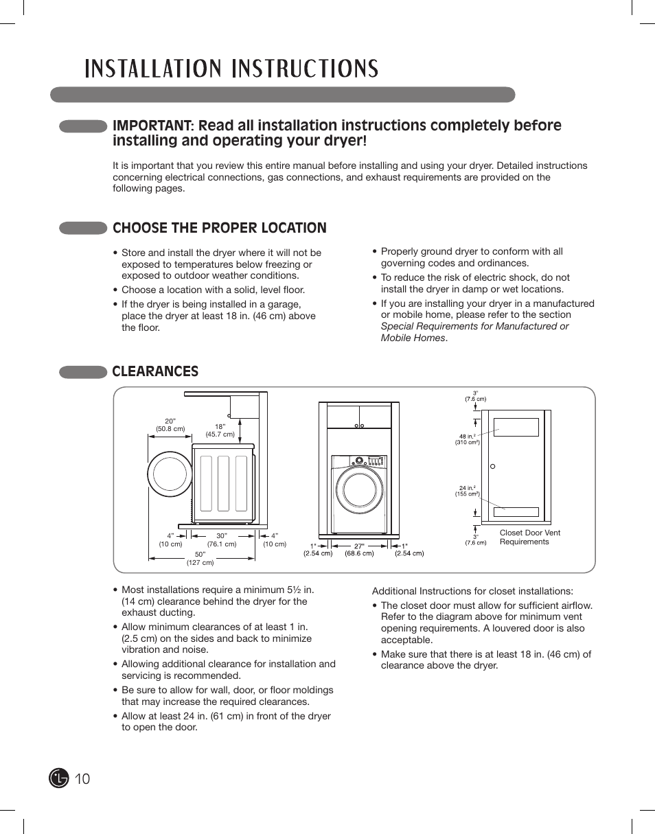 Choose the proper location, Clearances | LG DLE2701V User Manual | Page 10 / 120