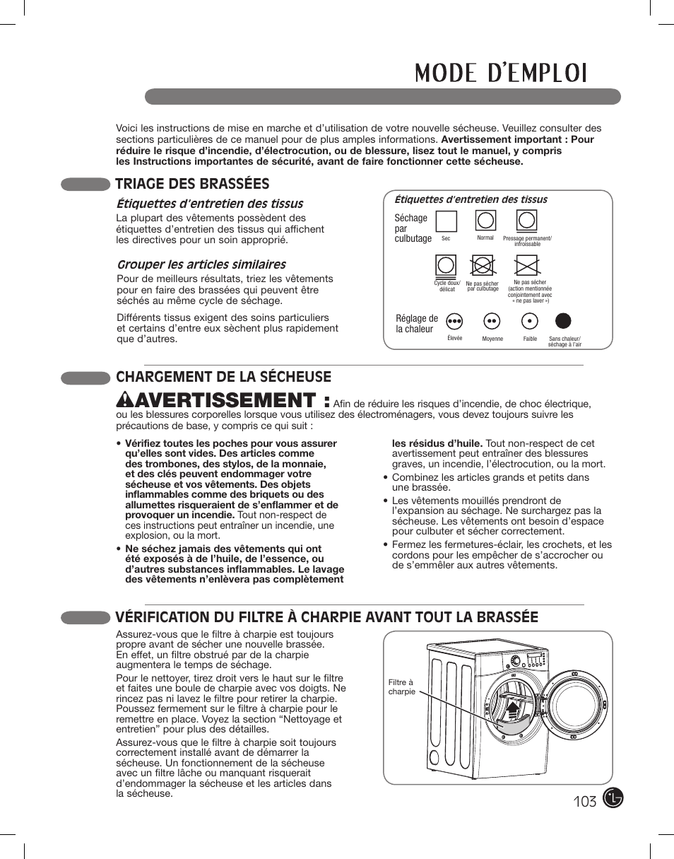 Wavertissement, Chargement de la sécheuse, Triage des brassées | LG DLE2701V User Manual | Page 103 / 120