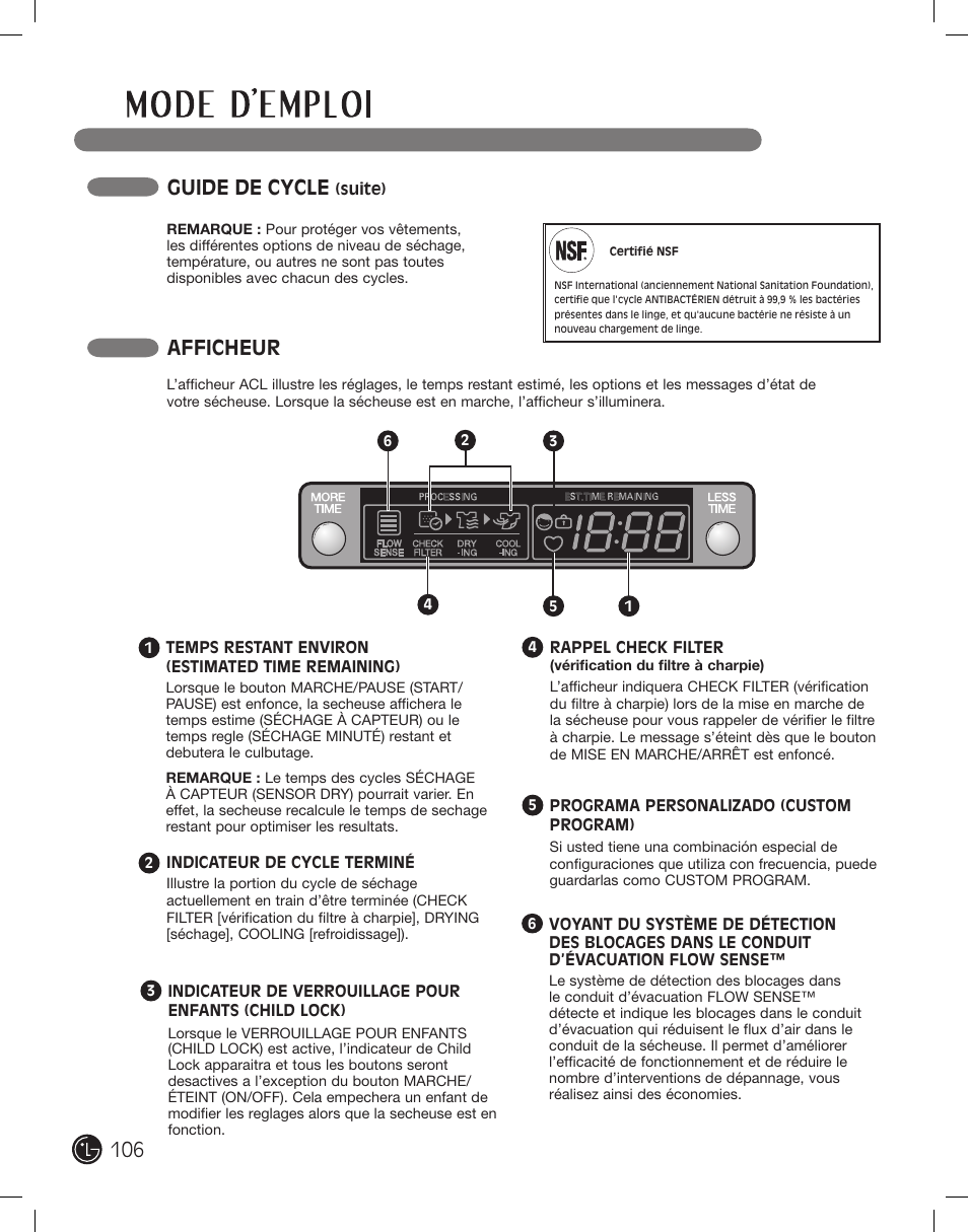 Afficheur, Guide de cycle | LG DLE2701V User Manual | Page 106 / 120