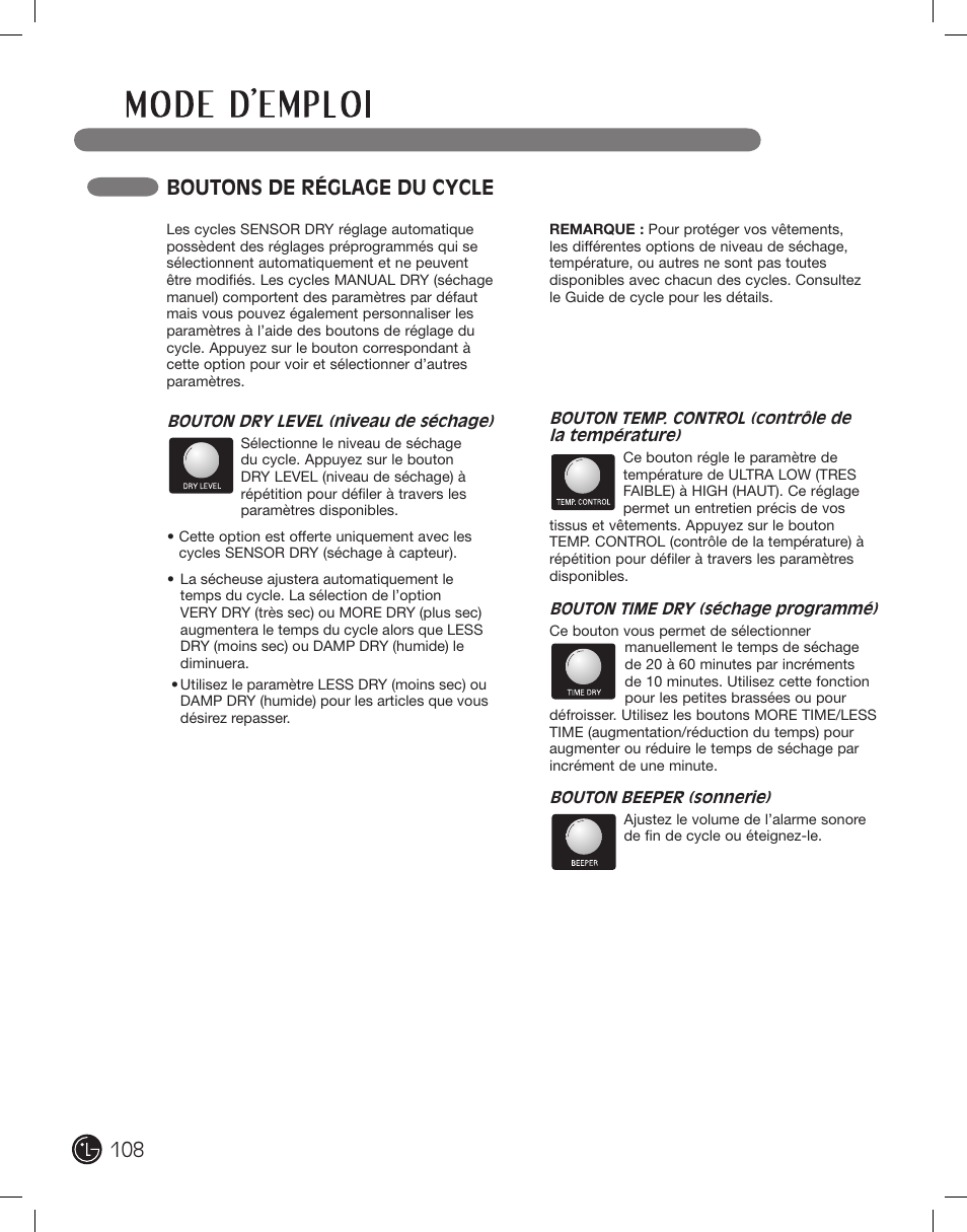 Boutons de réglage du cycle | LG DLE2701V User Manual | Page 108 / 120