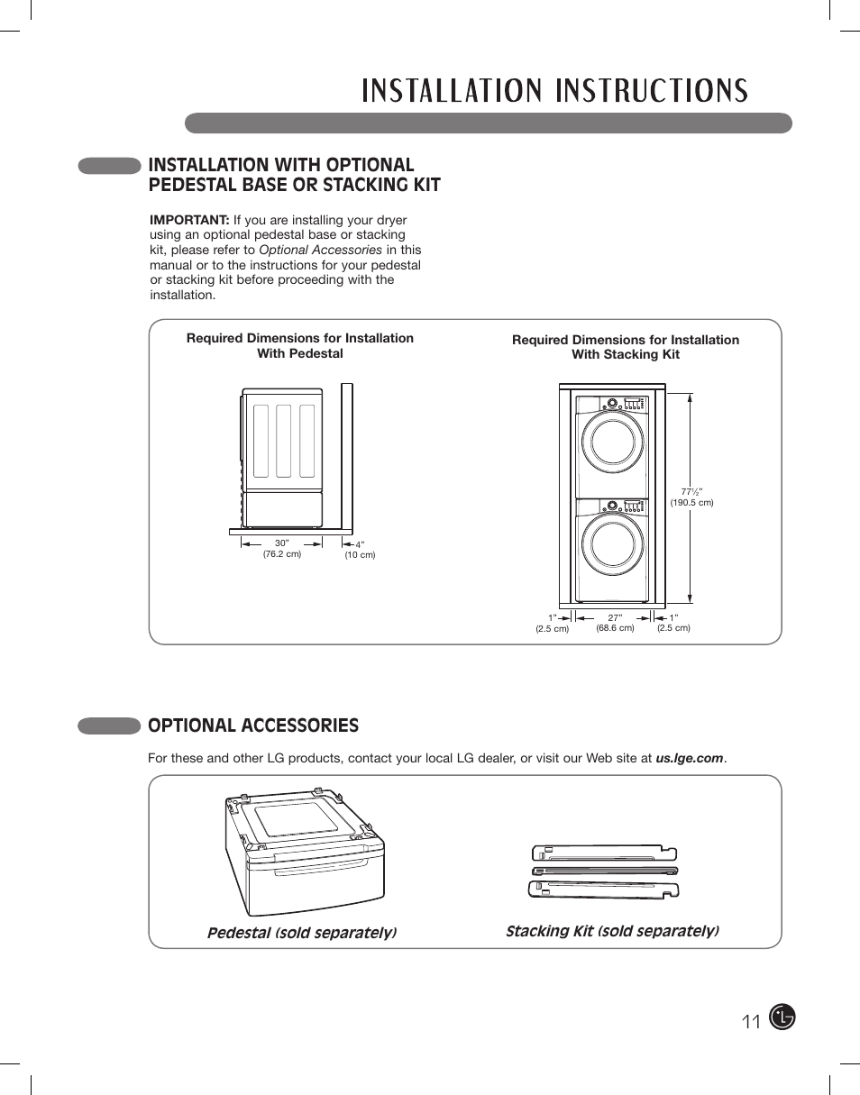 Optional accessories | LG DLE2701V User Manual | Page 11 / 120