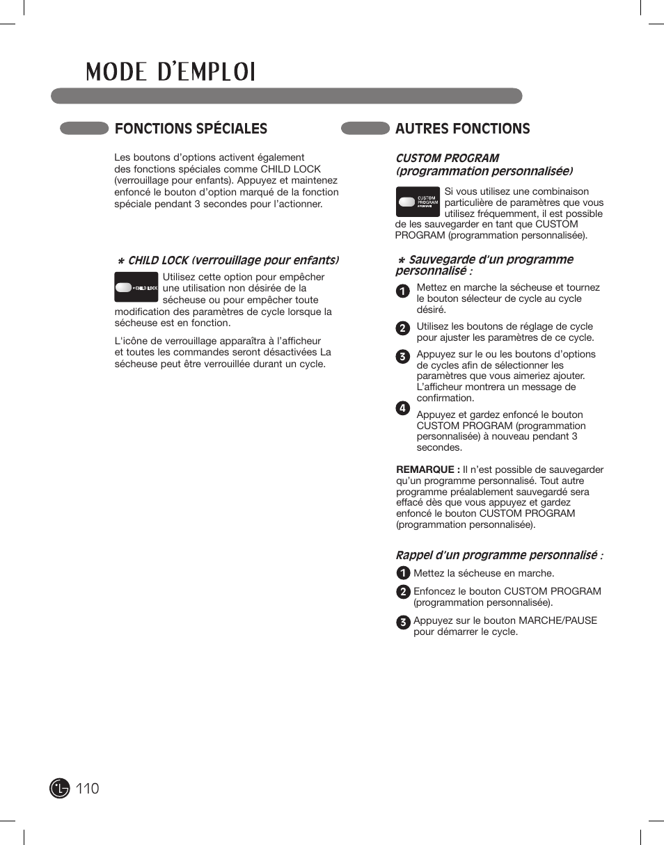 Fonctions spéciales, Autres fonctions | LG DLE2701V User Manual | Page 110 / 120