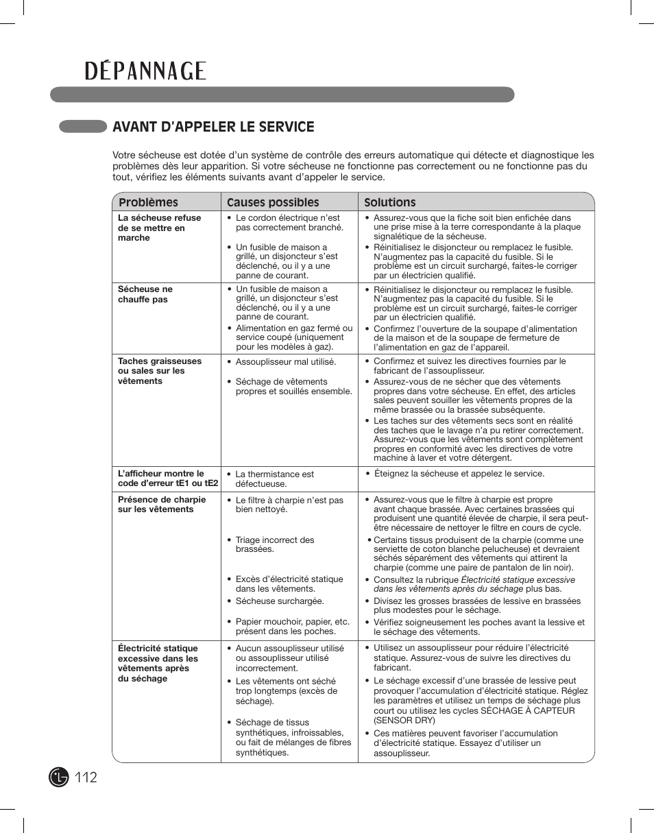 Avant d’appeler le service | LG DLE2701V User Manual | Page 112 / 120