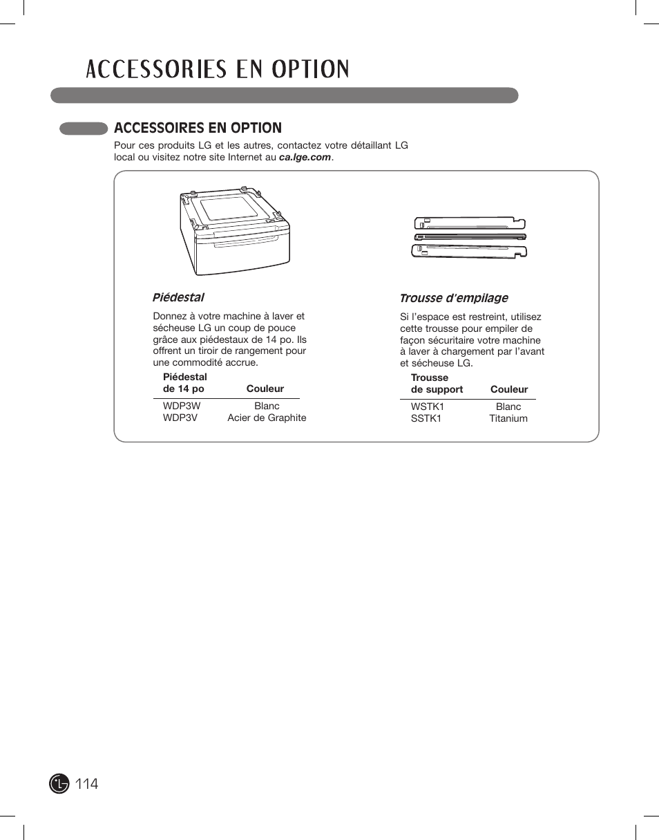 Accessoires en option | LG DLE2701V User Manual | Page 114 / 120