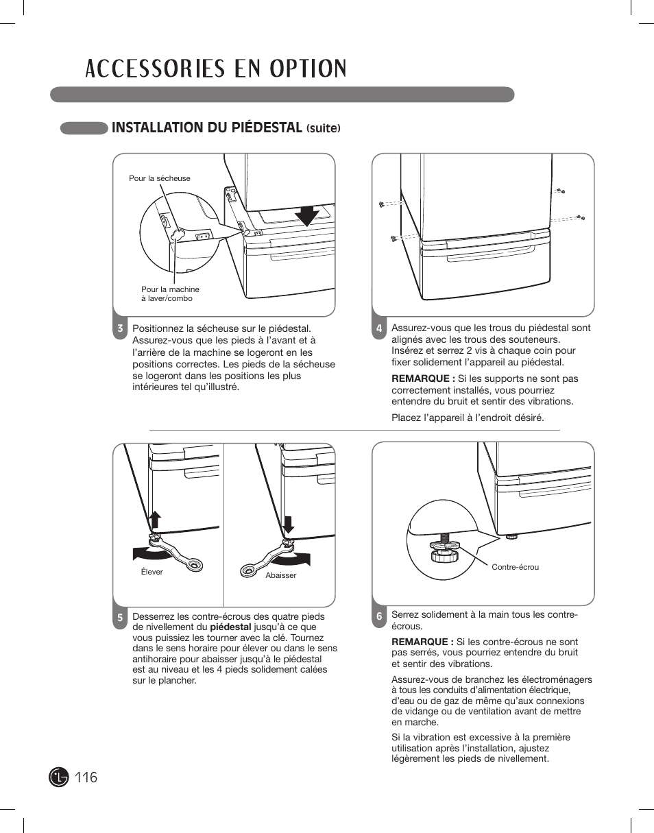 Installation du piédestal | LG DLE2701V User Manual | Page 116 / 120