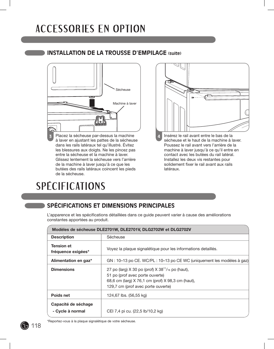 Spécifications et dimensions principales, Installation de la trousse d’empilage | LG DLE2701V User Manual | Page 118 / 120