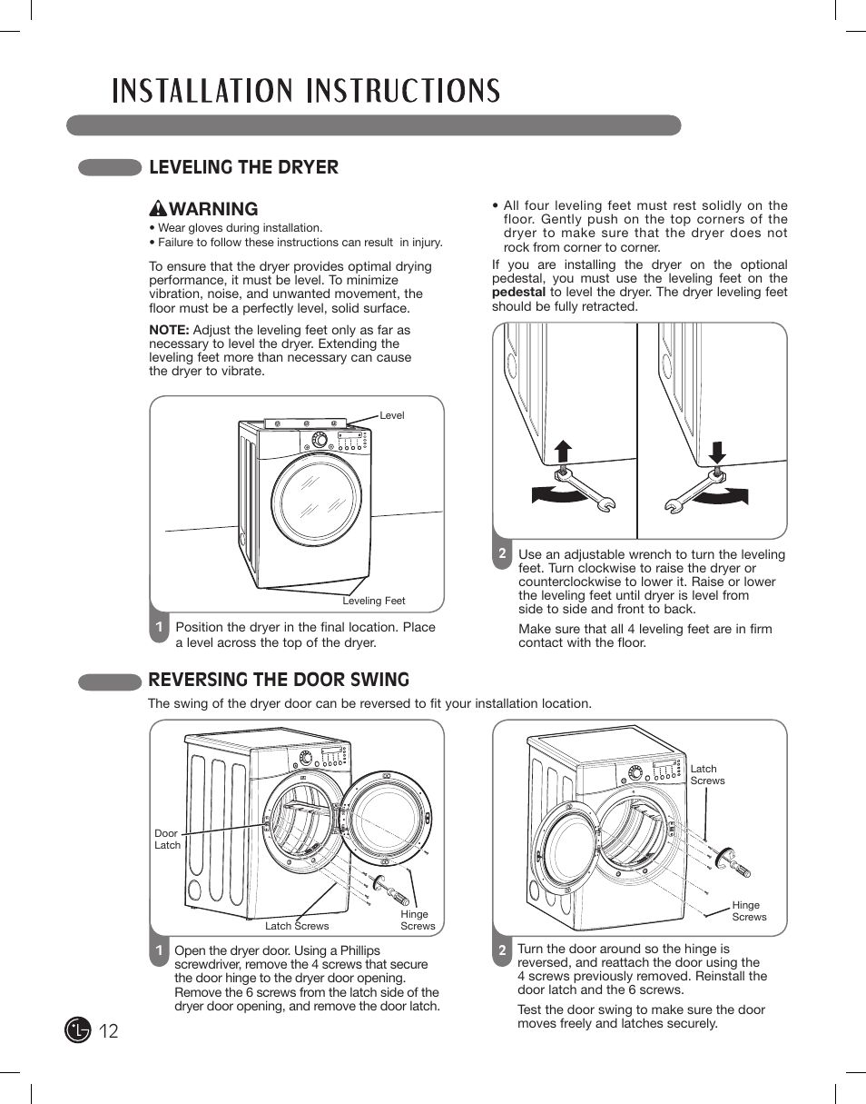 Leveling the dryer, Reversing the door swing, Warning | LG DLE2701V User Manual | Page 12 / 120