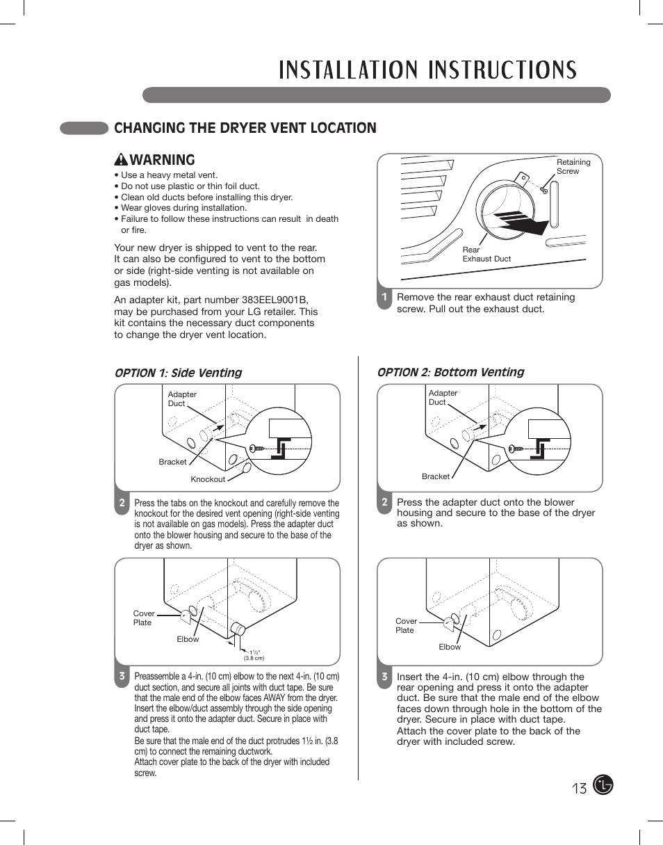 Changing the dryer vent location, Warning | LG DLE2701V User Manual | Page 13 / 120