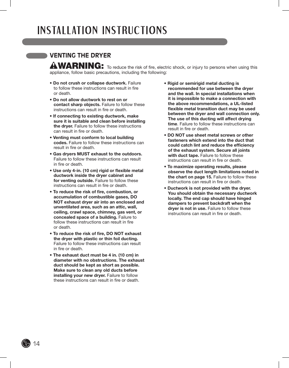 Wwarning, Venting the dryer | LG DLE2701V User Manual | Page 14 / 120