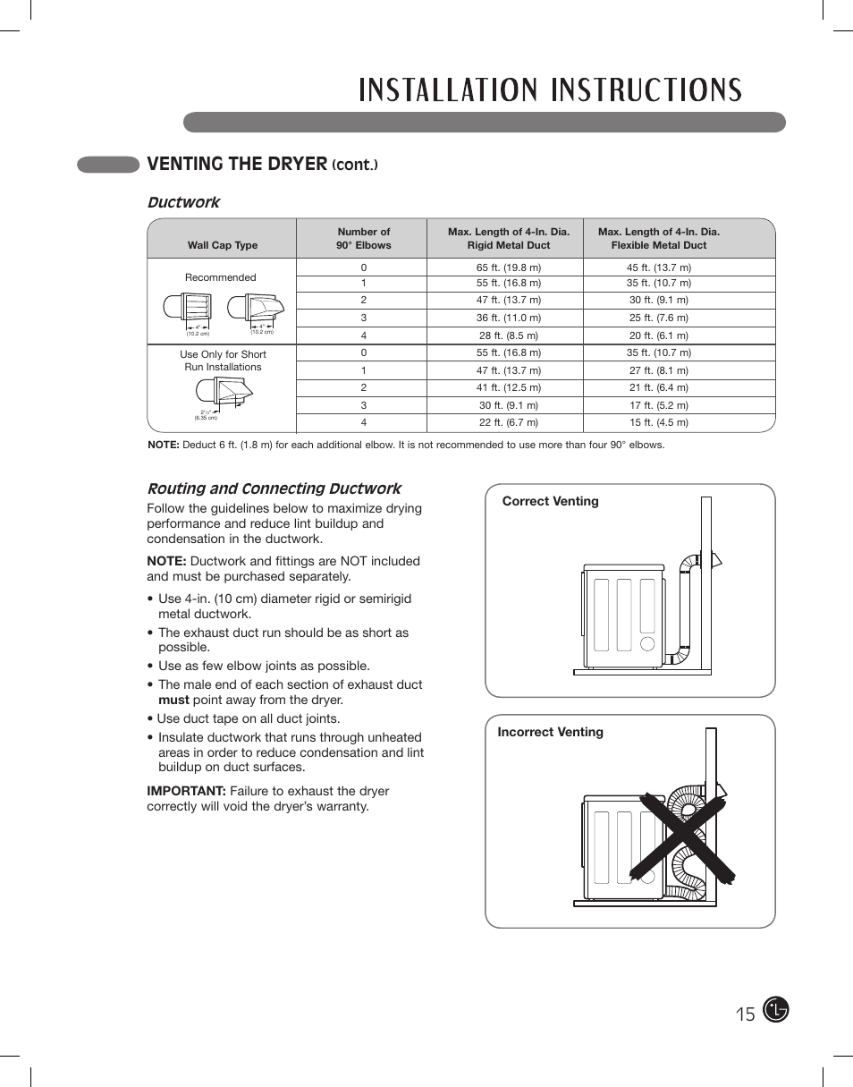 Venting the dryer, Routing and connecting ductwork, Ductwork | Cont.) | LG DLE2701V User Manual | Page 15 / 120