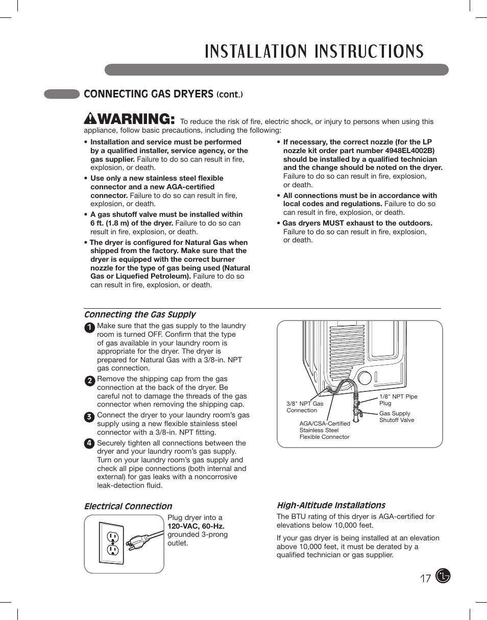 Wwarning, Connecting gas dryers | LG DLE2701V User Manual | Page 17 / 120