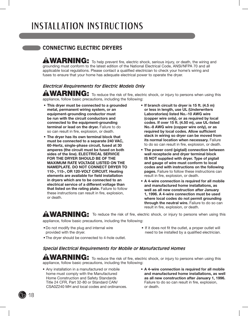 Wwarning, Connecting electric dryers | LG DLE2701V User Manual | Page 18 / 120