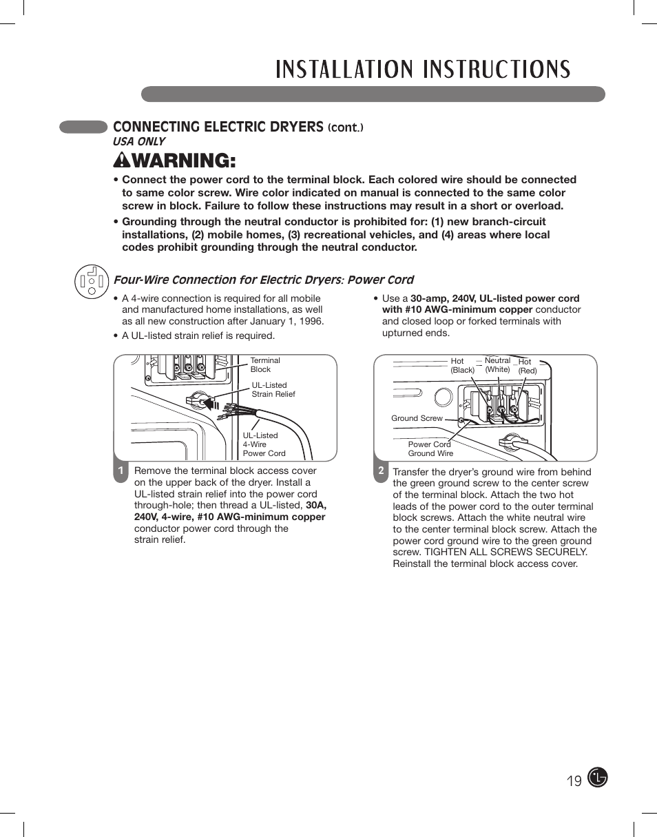 Wwarning, Connecting electric dryers | LG DLE2701V User Manual | Page 19 / 120