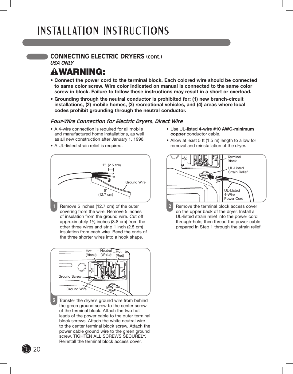 Wwarning, Connecting electric dryers | LG DLE2701V User Manual | Page 20 / 120