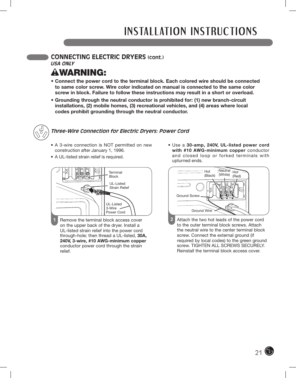 Wwarning, Connecting electric dryers | LG DLE2701V User Manual | Page 21 / 120