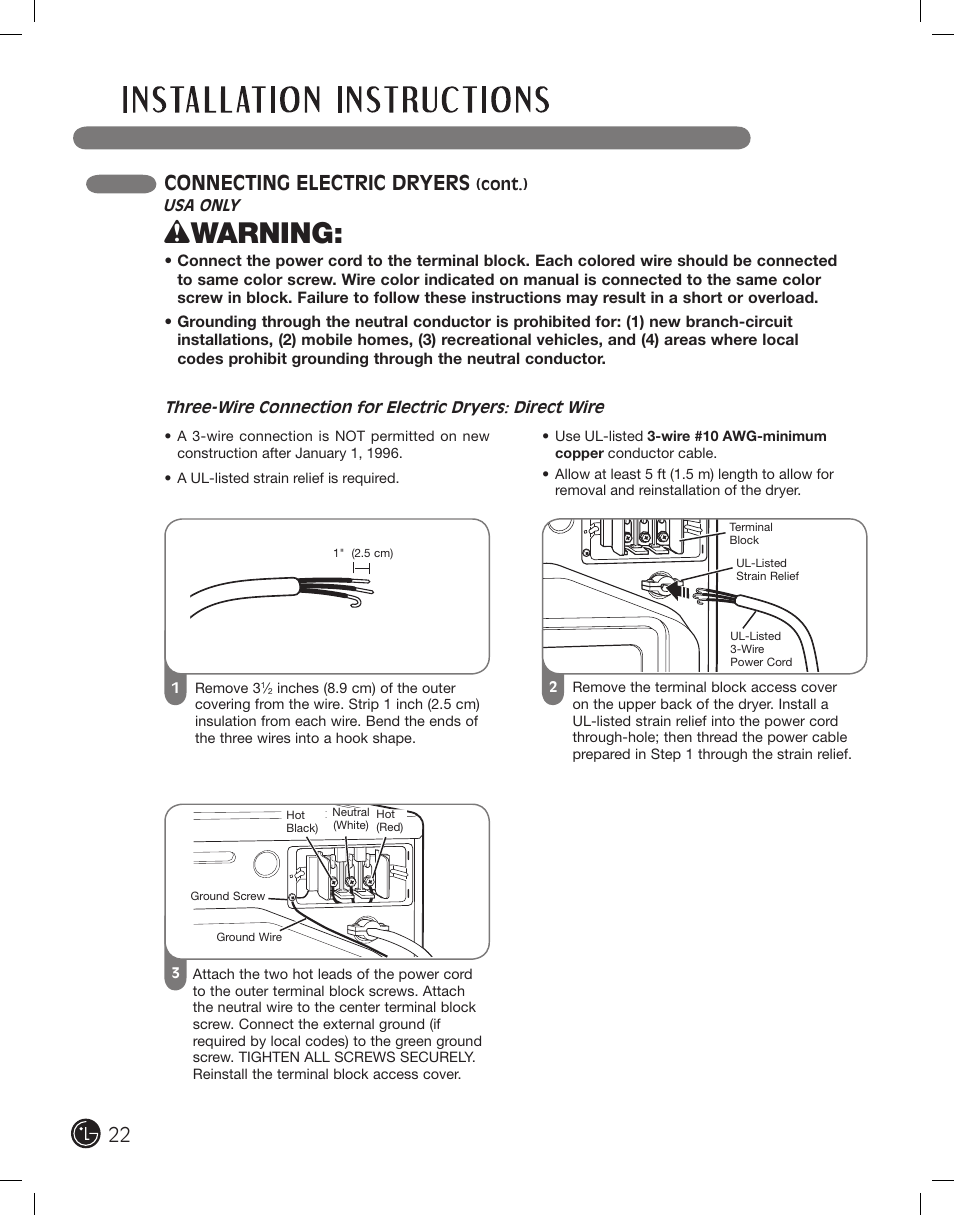 Wwarning, 22 connecting electric dryers | LG DLE2701V User Manual | Page 22 / 120