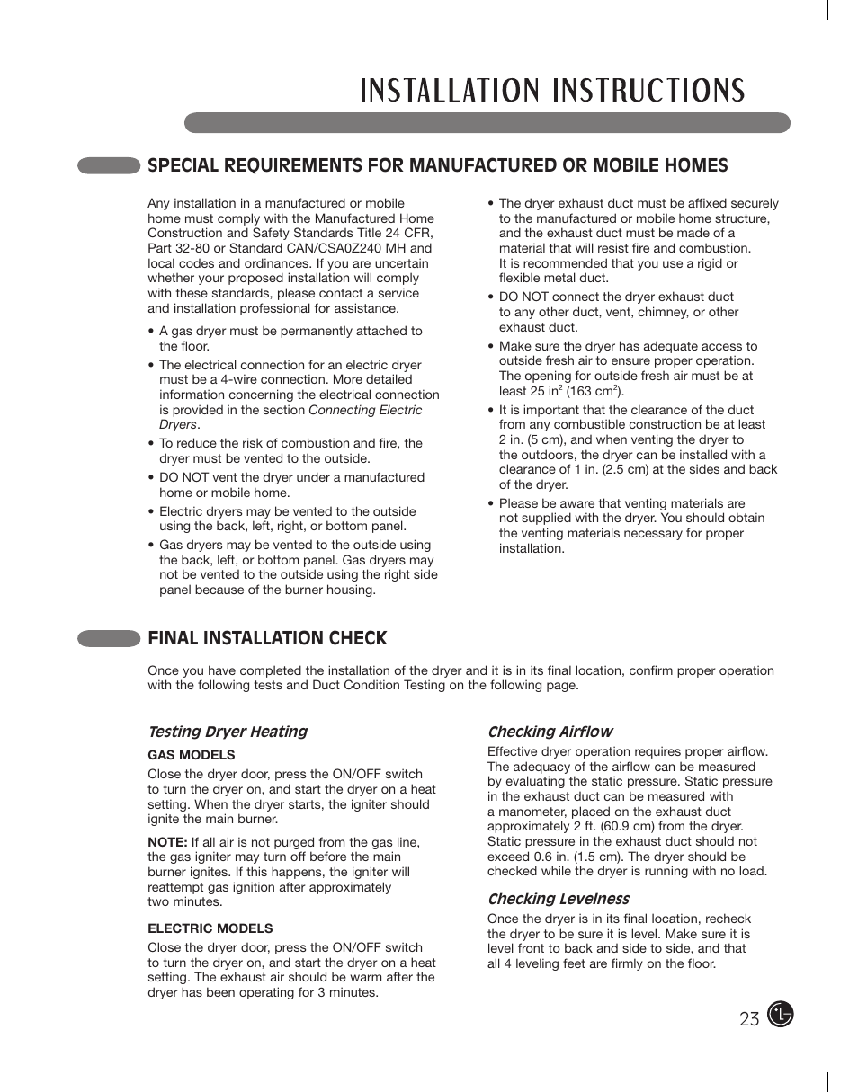 Final installation check | LG DLE2701V User Manual | Page 23 / 120