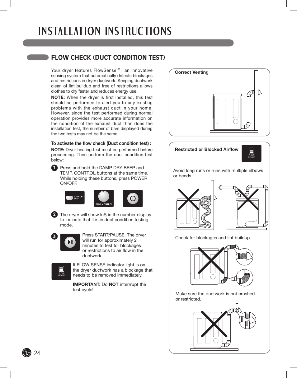 Flow check (duct condition test) | LG DLE2701V User Manual | Page 24 / 120