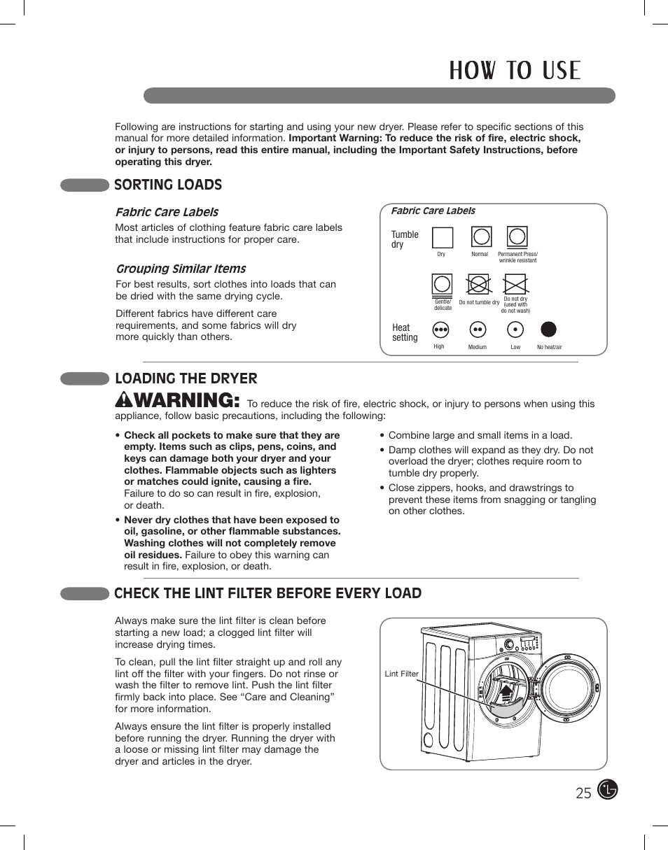 Wwarning, Sorting loads, Check the lint filter before every load | Loading the dryer | LG DLE2701V User Manual | Page 25 / 120