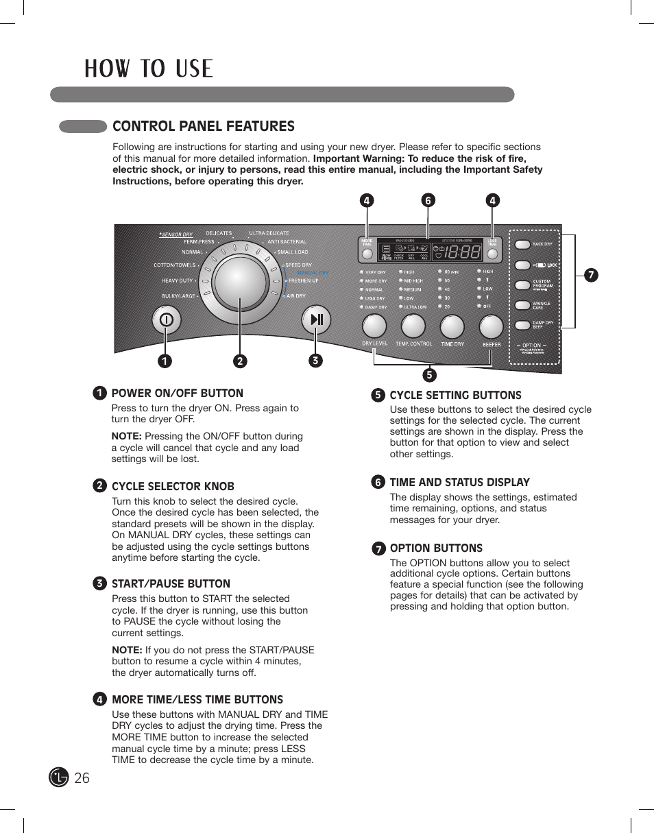 Control panel features | LG DLE2701V User Manual | Page 26 / 120