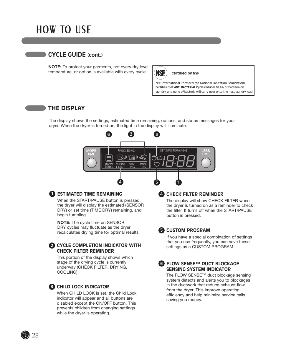 The display, Cycle guide | LG DLE2701V User Manual | Page 28 / 120