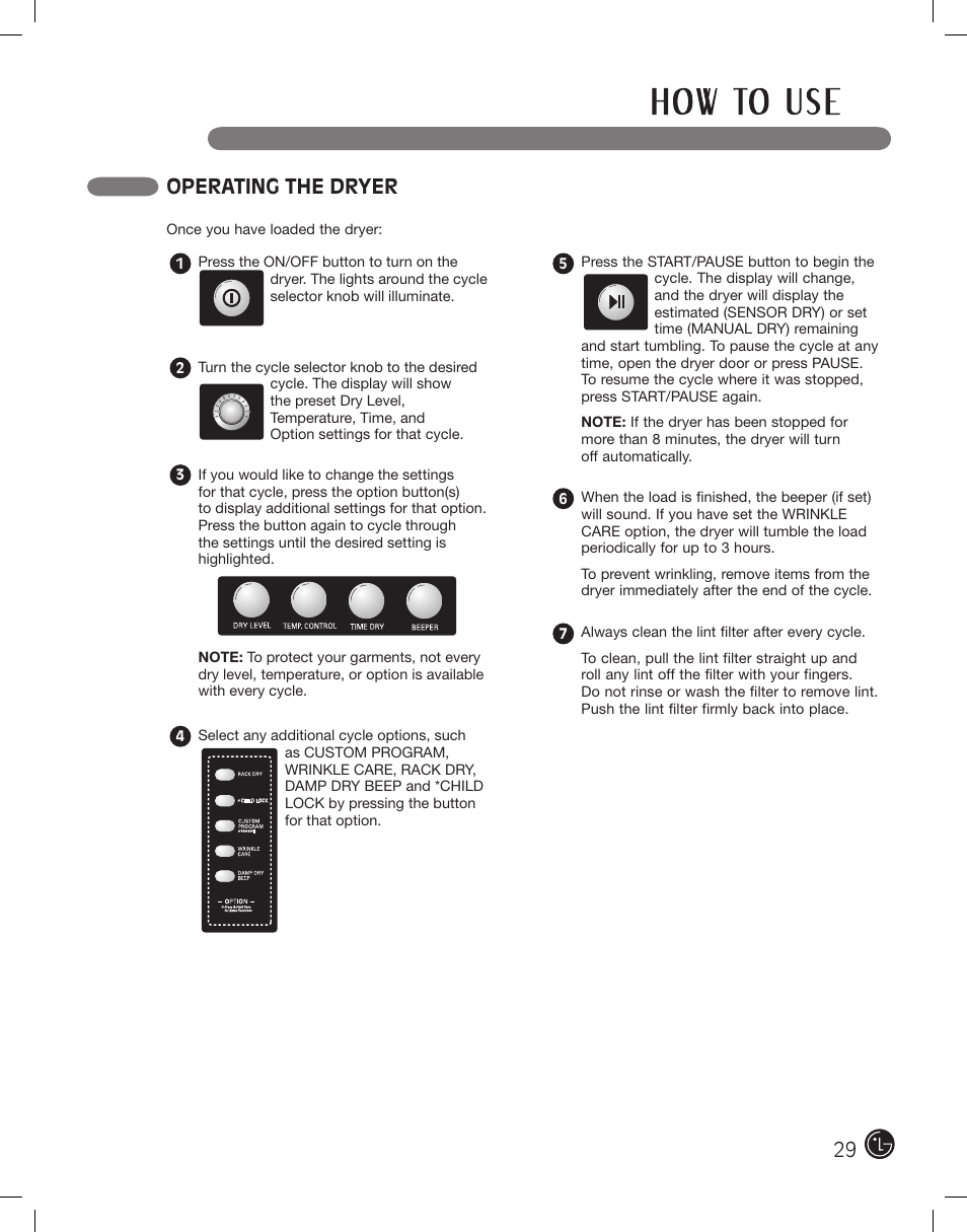 Operating the dryer | LG DLE2701V User Manual | Page 29 / 120