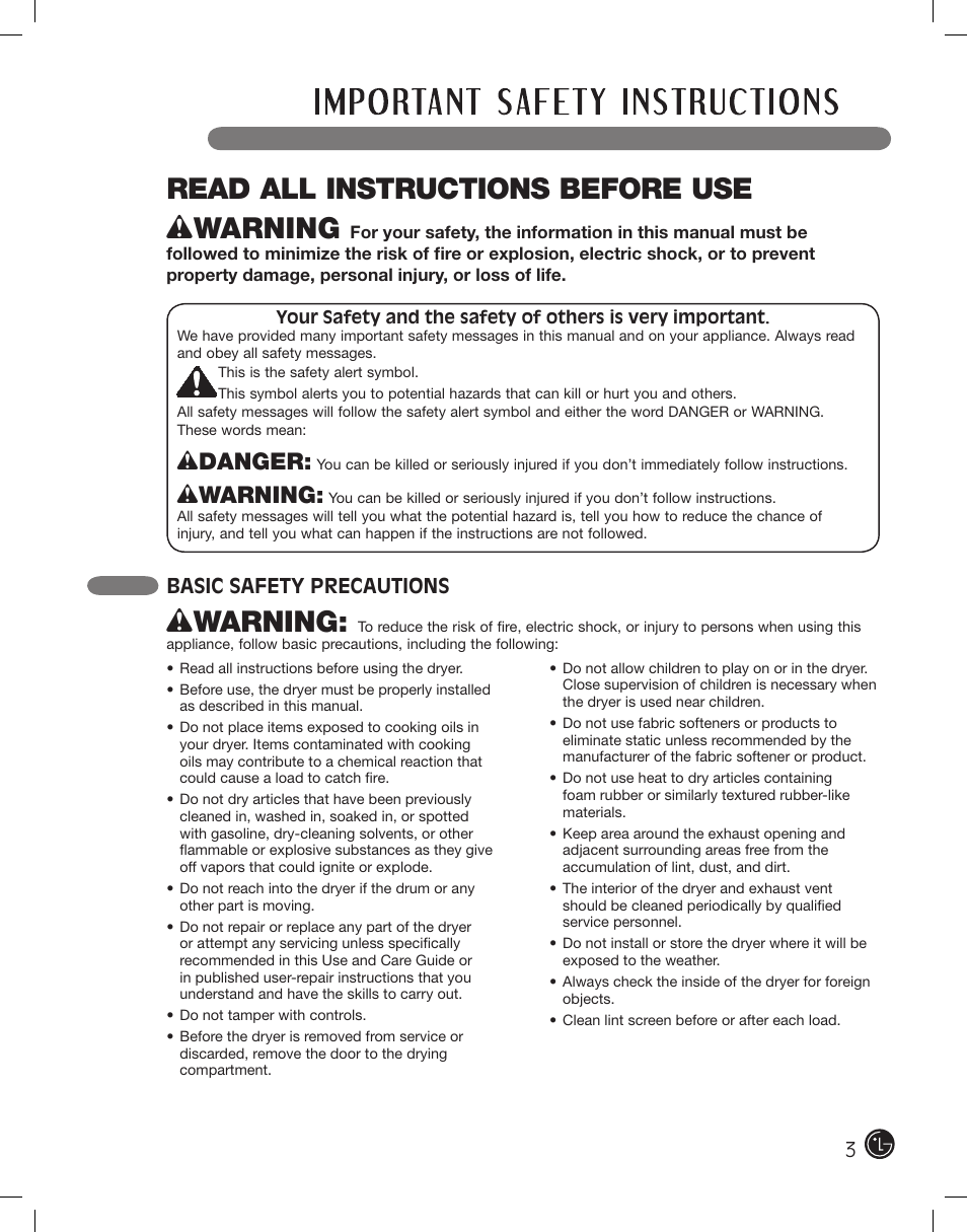 Read all instructions before use w warning, Wdanger, Wwarning | Basic safety precautions | LG DLE2701V User Manual | Page 3 / 120