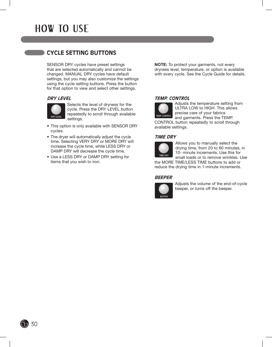 Cycle setting buttons | LG DLE2701V User Manual | Page 30 / 120