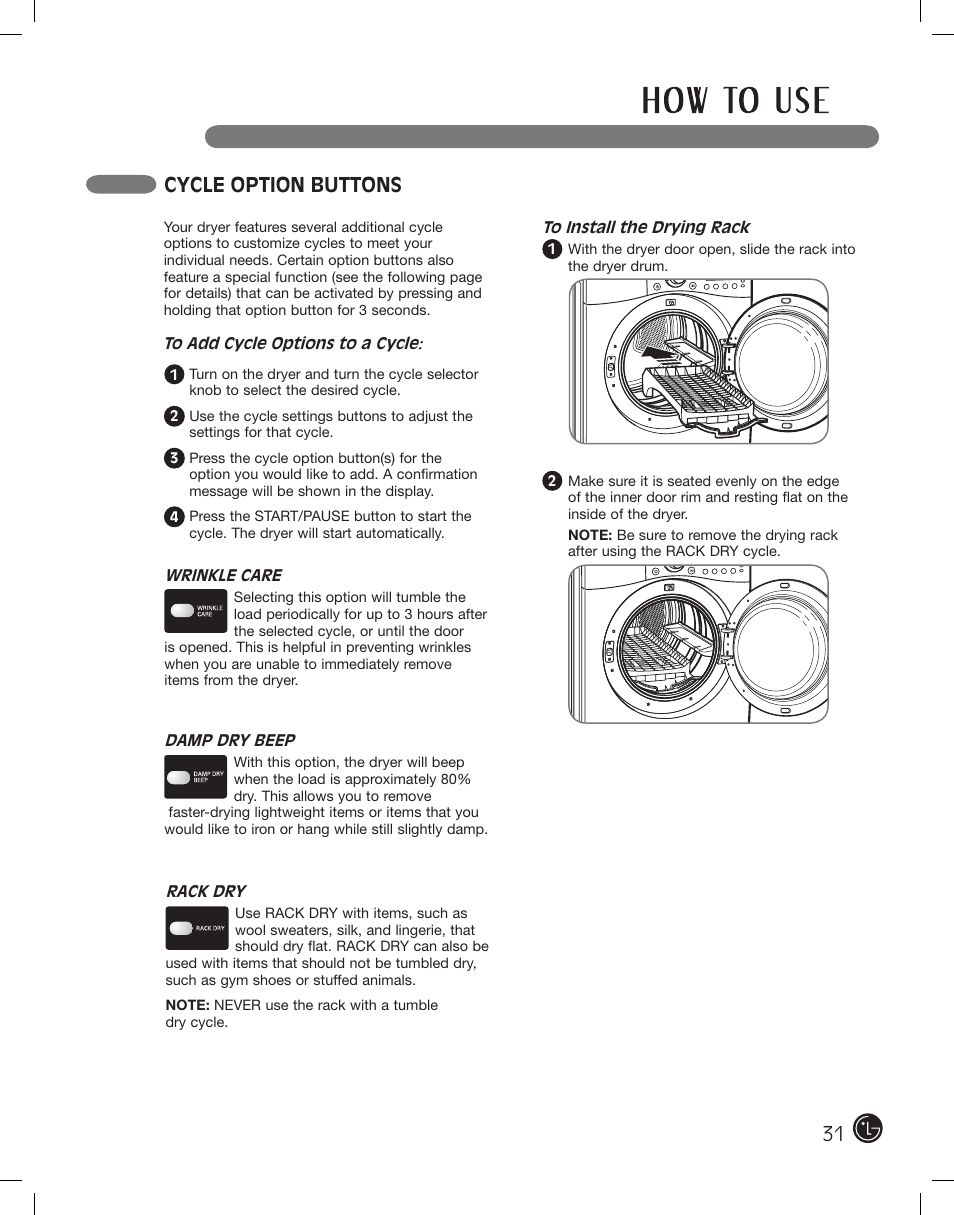 Cycle option buttons | LG DLE2701V User Manual | Page 31 / 120