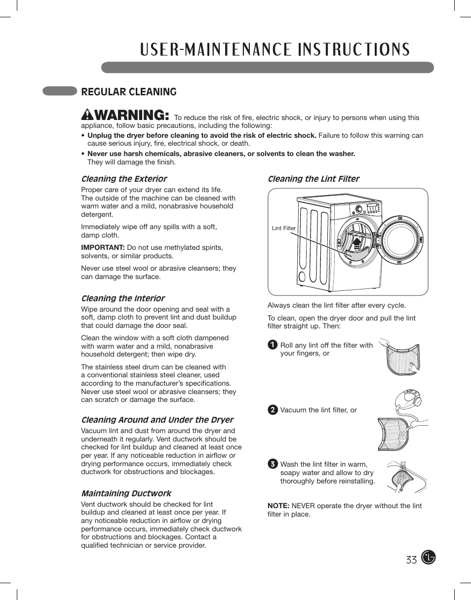 Wwarning, Regular cleaning, Special functions | Custom program | LG DLE2701V User Manual | Page 33 / 120