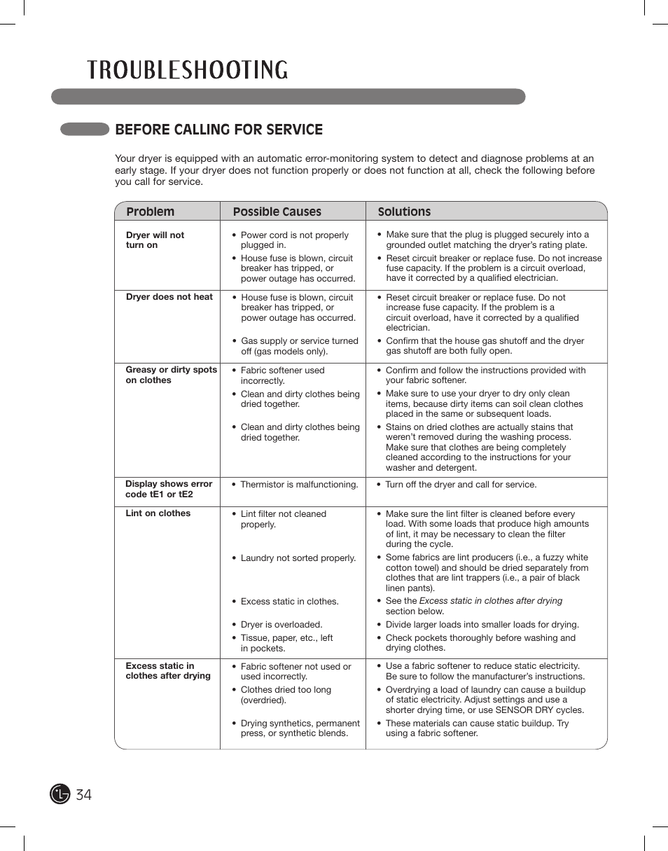 Before calling for service | LG DLE2701V User Manual | Page 34 / 120