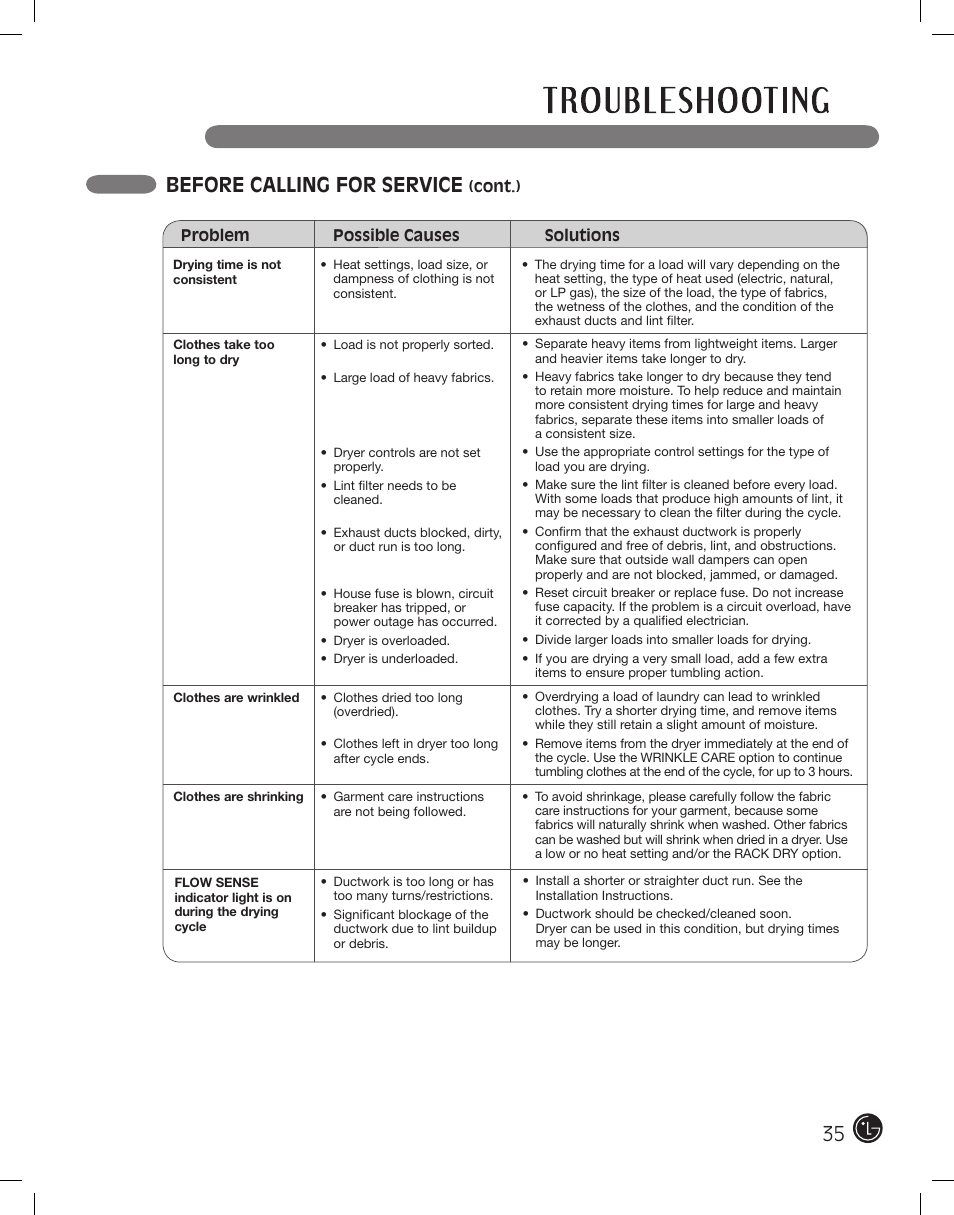 Before calling for service | LG DLE2701V User Manual | Page 35 / 120