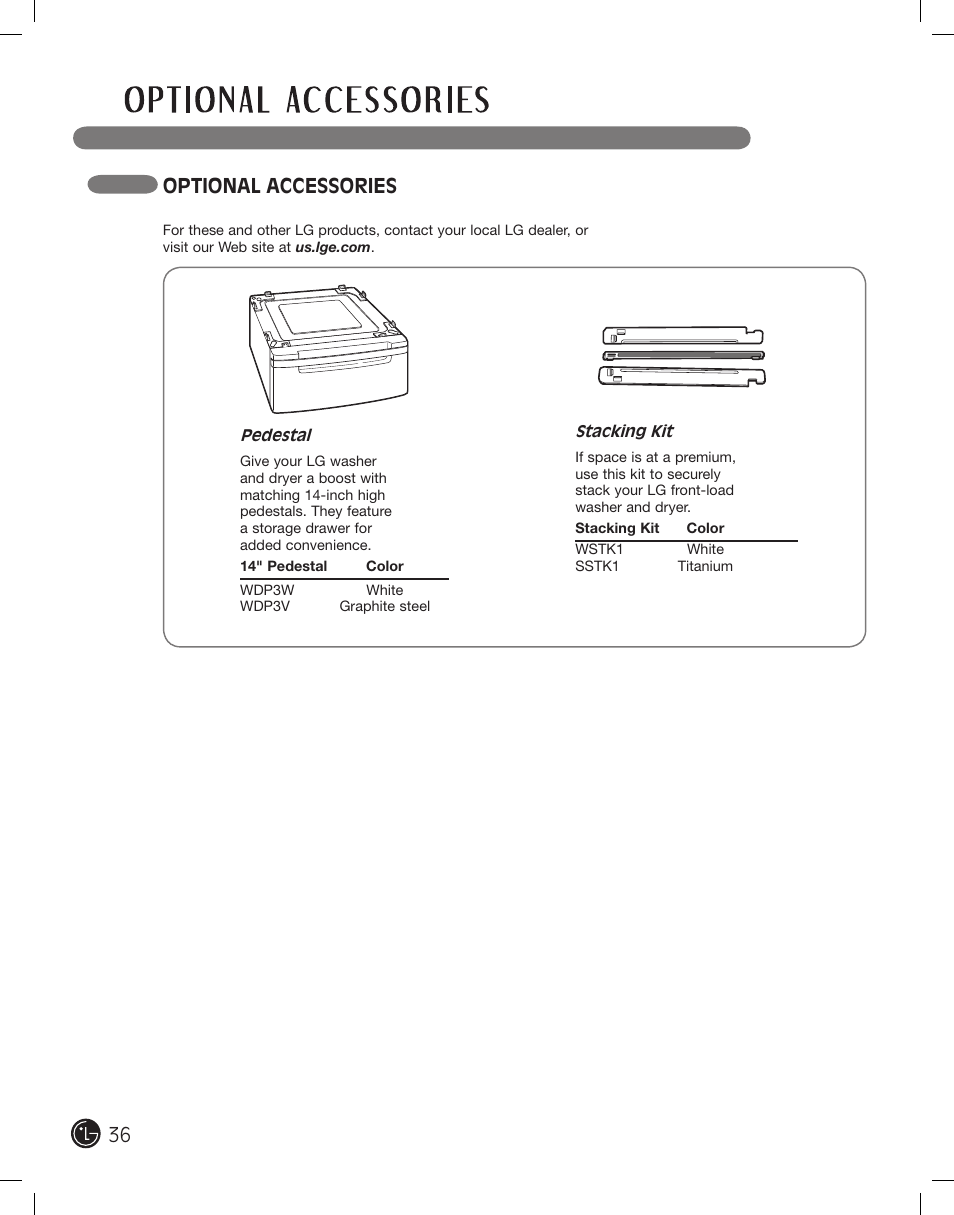 Optional accessories | LG DLE2701V User Manual | Page 36 / 120