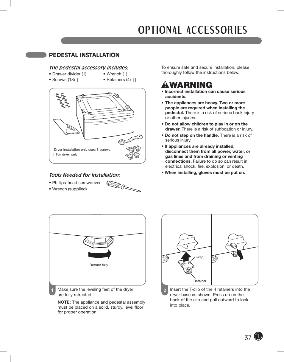 Wwarning, Pedestal installation | LG DLE2701V User Manual | Page 37 / 120