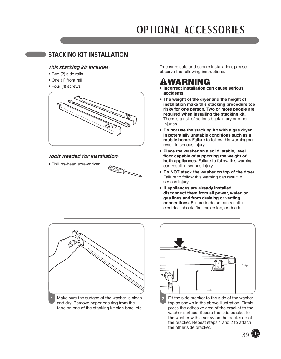 Wwarning, Stacking kit installation | LG DLE2701V User Manual | Page 39 / 120