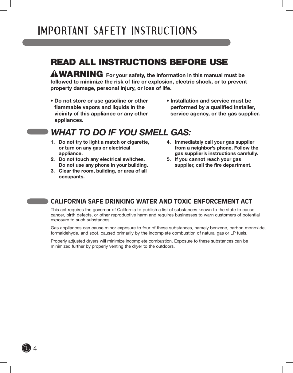 Read all instructions before use w warning, What to do if you smell gas | LG DLE2701V User Manual | Page 4 / 120