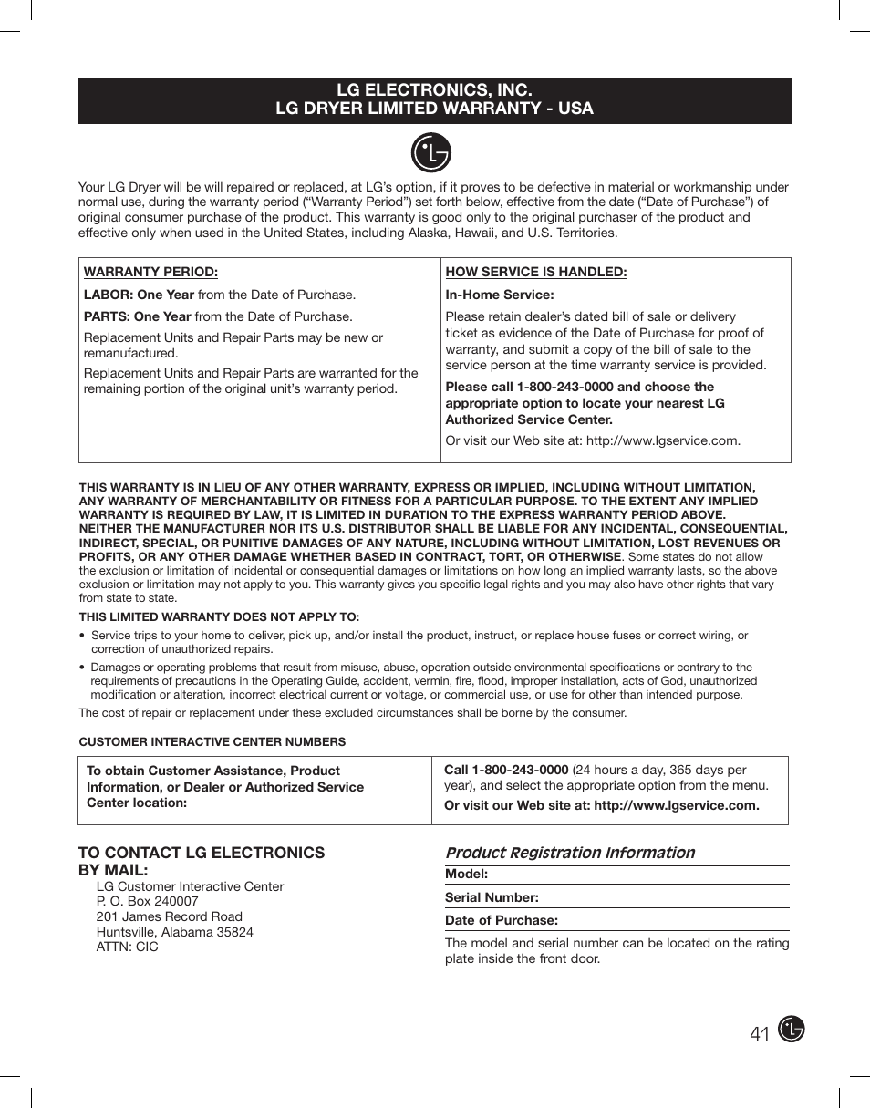 LG DLE2701V User Manual | Page 41 / 120