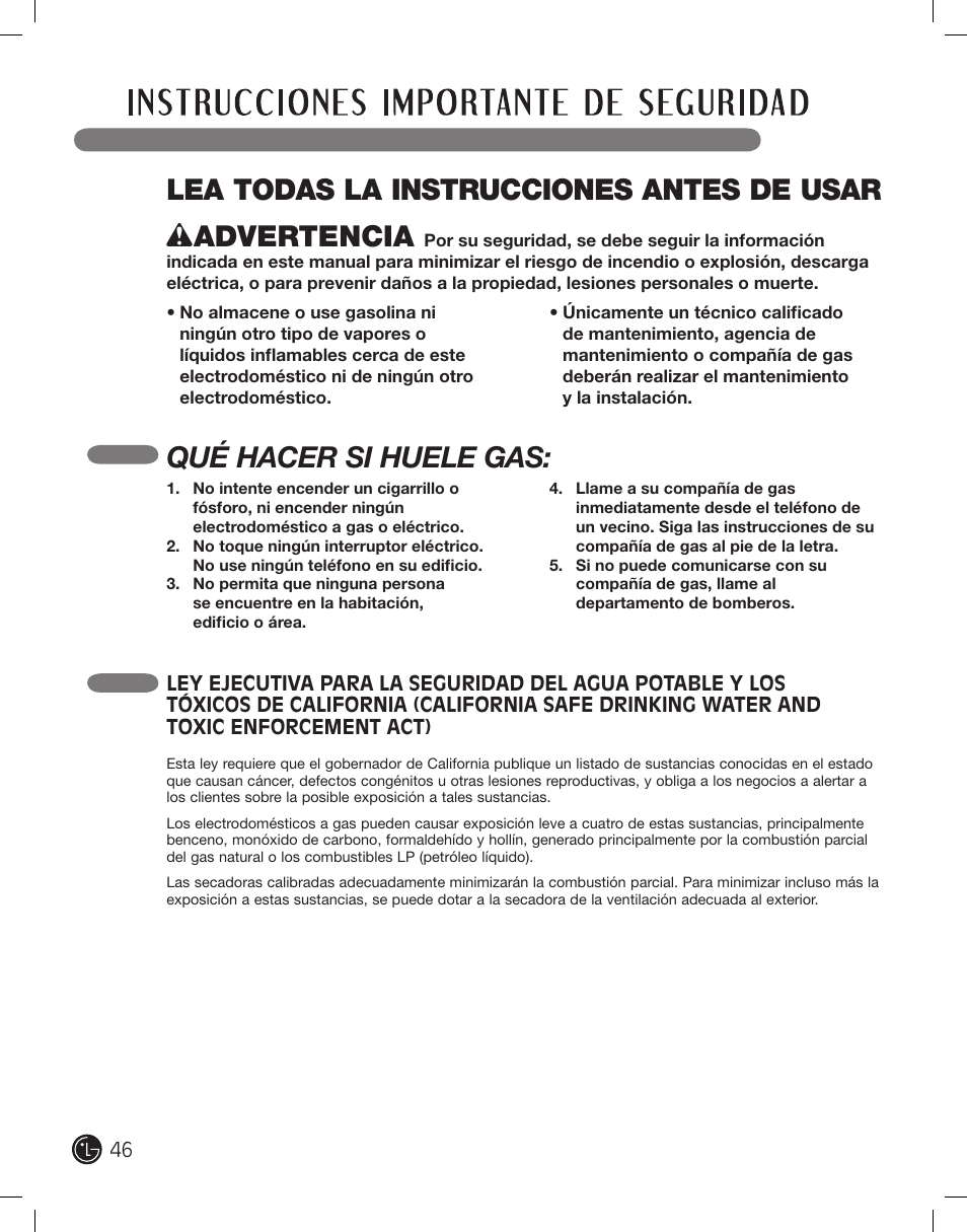 Qué hacer si huele gas | LG DLE2701V User Manual | Page 46 / 120