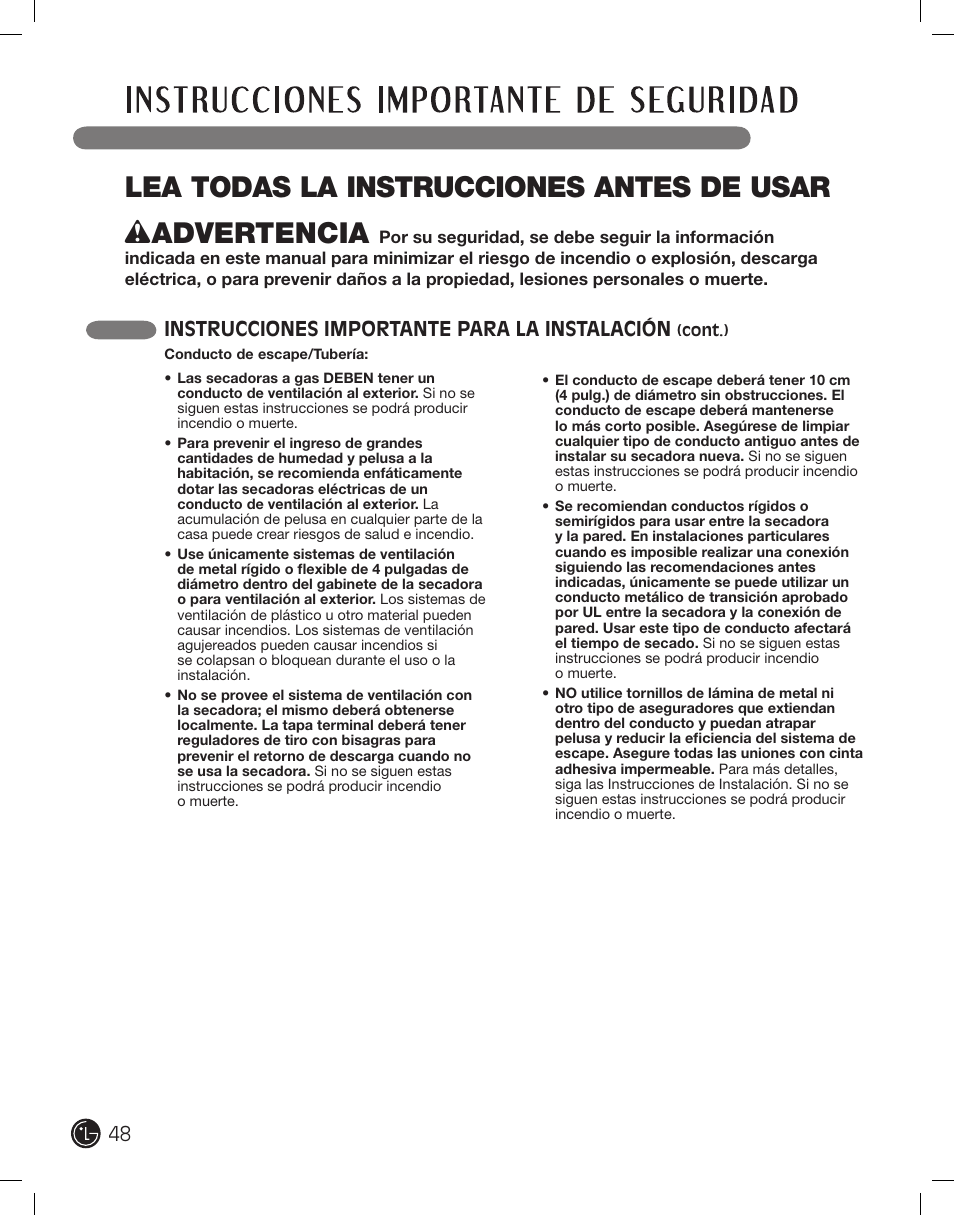 Instrucciones importante para la instalación | LG DLE2701V User Manual | Page 48 / 120