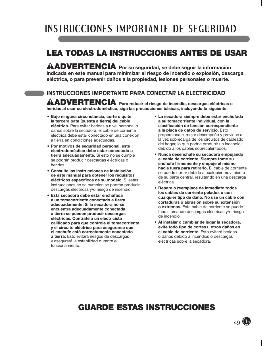 Guarde estas instrucciones, Wadvertencia | LG DLE2701V User Manual | Page 49 / 120