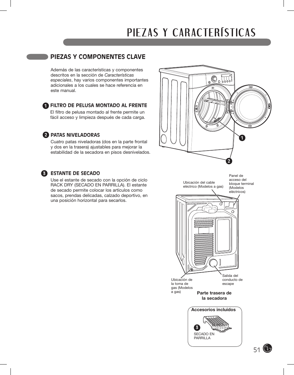 Piezas y componentes clave | LG DLE2701V User Manual | Page 51 / 120