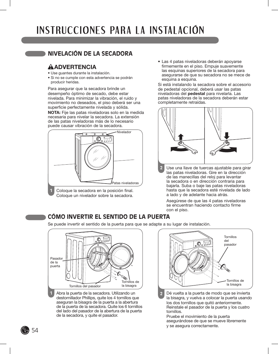 Nivelación de la secadora, Cómo invertir el sentido de la puerta, Advertencia | LG DLE2701V User Manual | Page 54 / 120