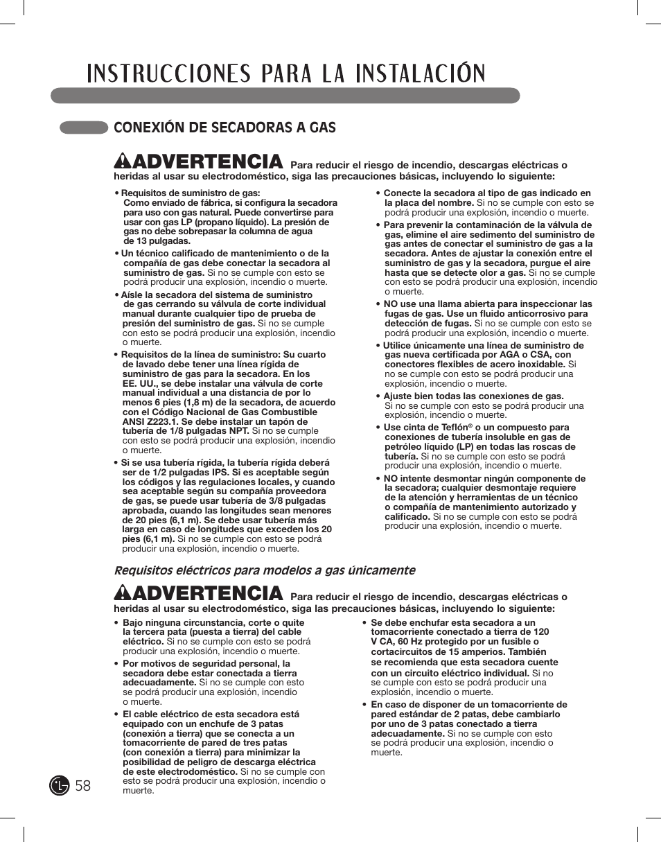 Wadvertencia, 58 conexión de secadoras a gas | LG DLE2701V User Manual | Page 58 / 120