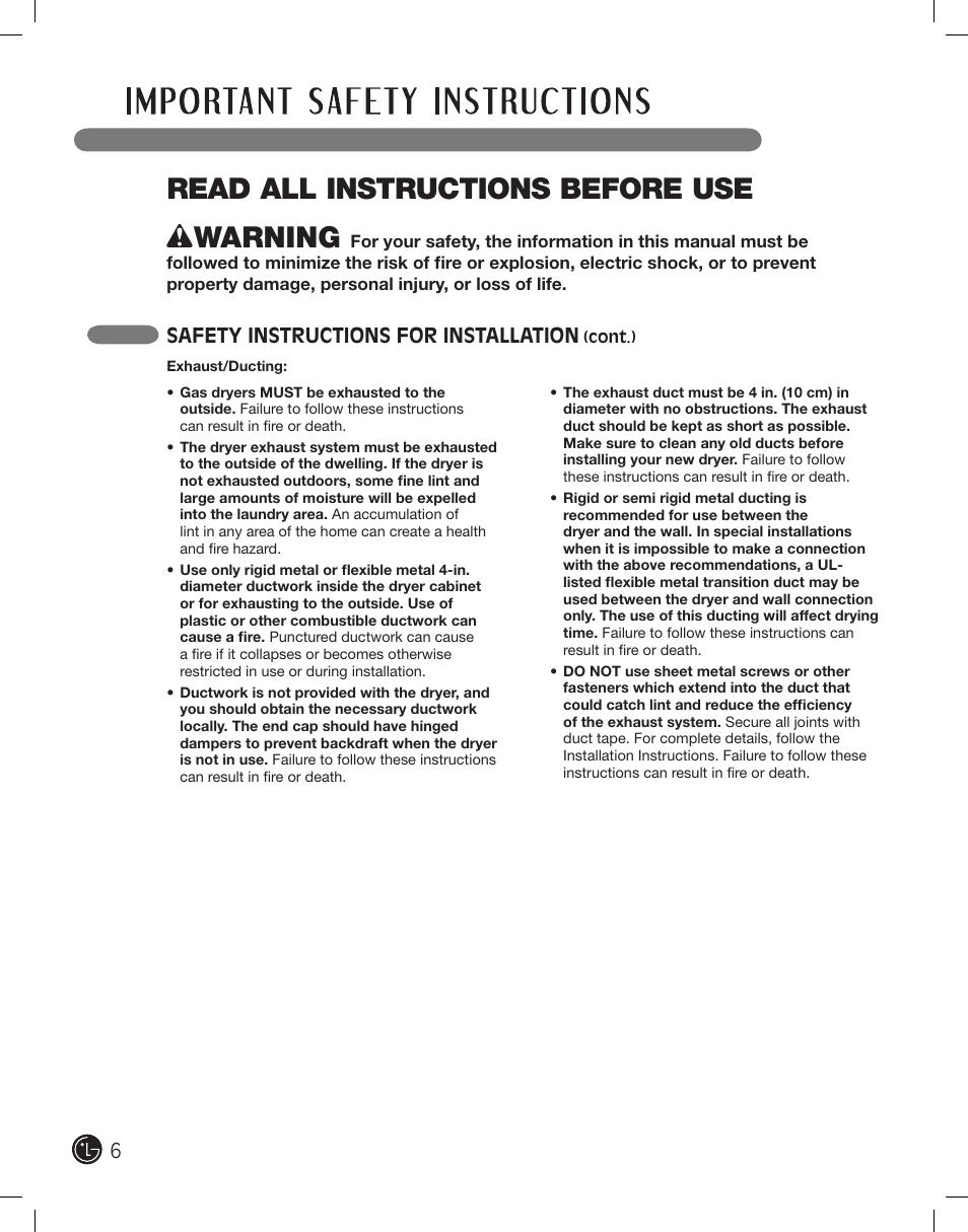 Read all instructions before use, Wwarning, Safety instructions for installation | LG DLE2701V User Manual | Page 6 / 120