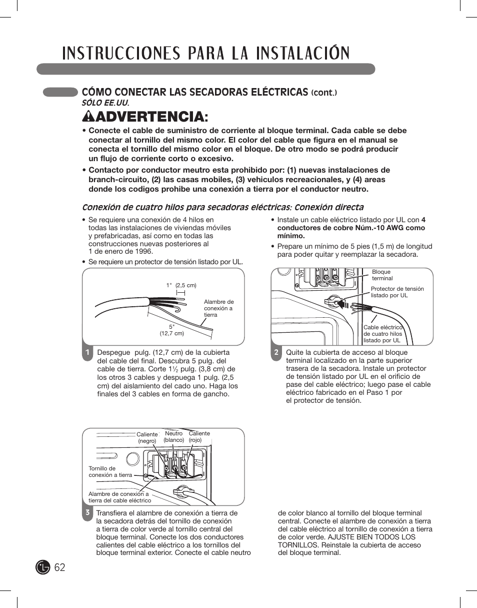 Wadvertencia, 62 cómo conectar las secadoras eléctricas | LG DLE2701V User Manual | Page 62 / 120
