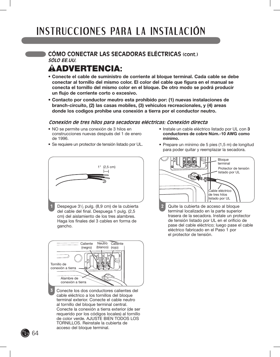 Wadvertencia, Cómo conectar las secadoras eléctricas | LG DLE2701V User Manual | Page 64 / 120