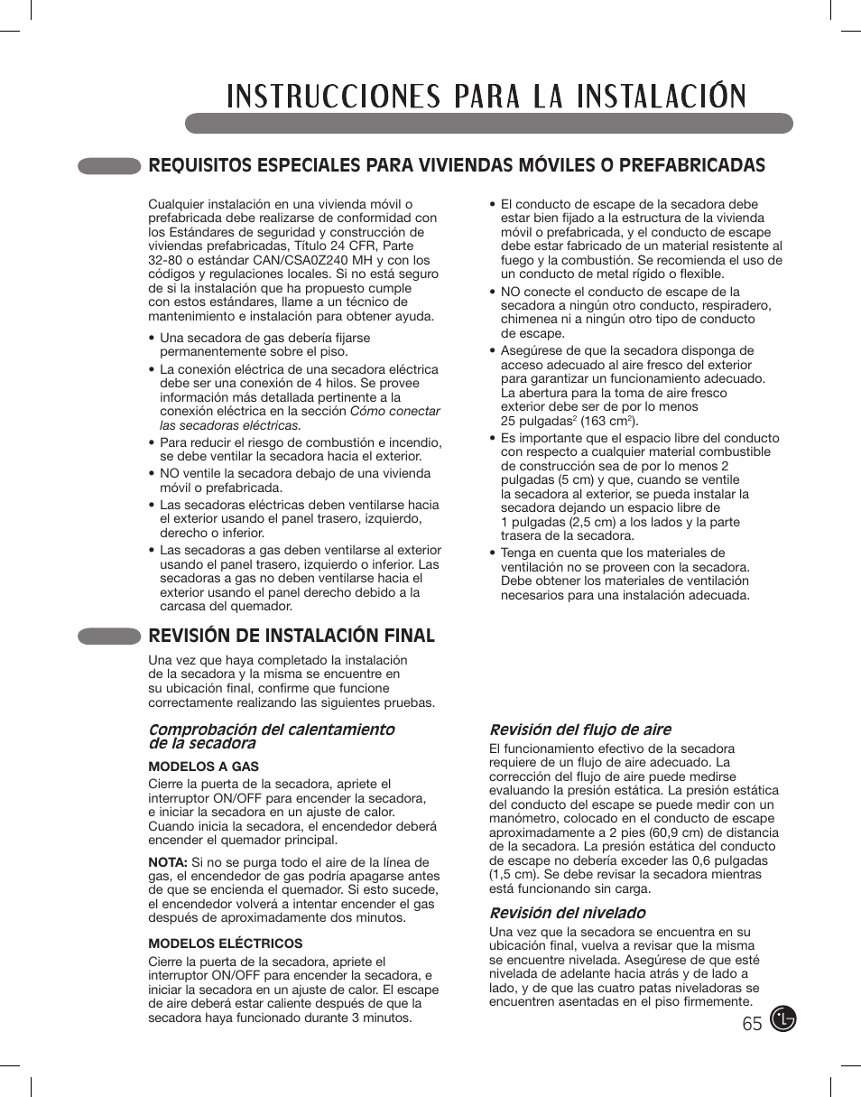 Revisión de instalación final | LG DLE2701V User Manual | Page 65 / 120