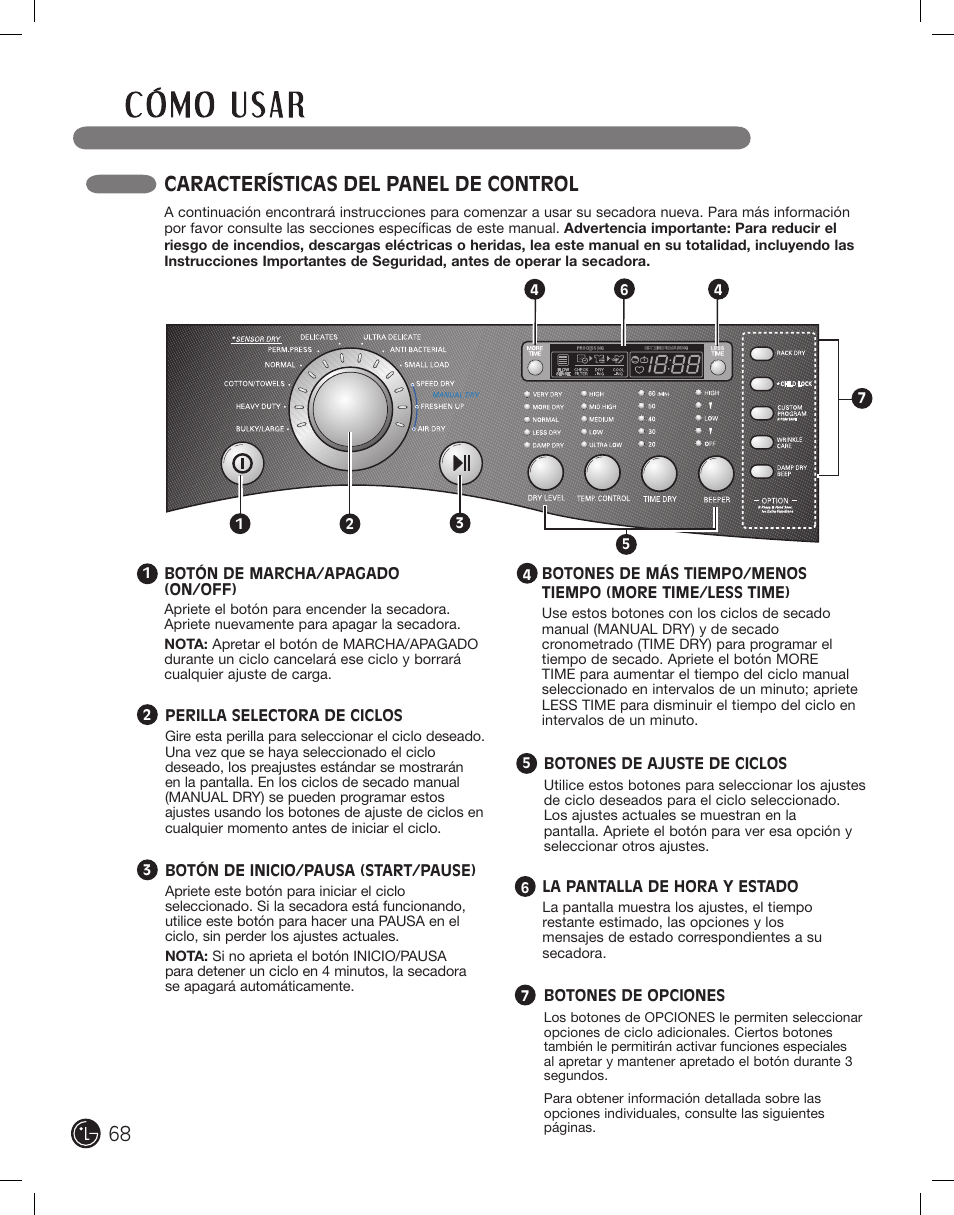 Características del panel de control | LG DLE2701V User Manual | Page 68 / 120